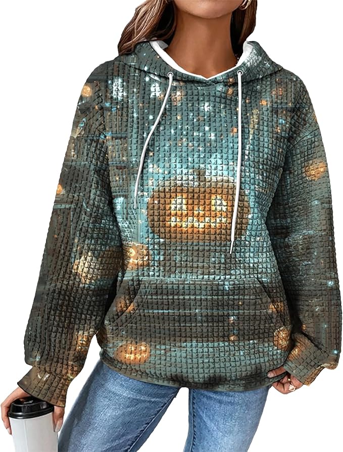 Halloween Sweatshirts for Women Novelty Graphic Drawstring Waffle Hoodies Loose Casual Pullover Tops with Pocket
