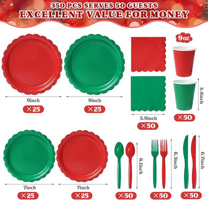Vyntra 350 PCS Disposable Plates for Party, Paper Plates & Napkins Set with Cups, Knives, Forks, Spoons, 7'' Dessert and 9'' Dinner Plates for Christmas, Holiday Party - Red and Green