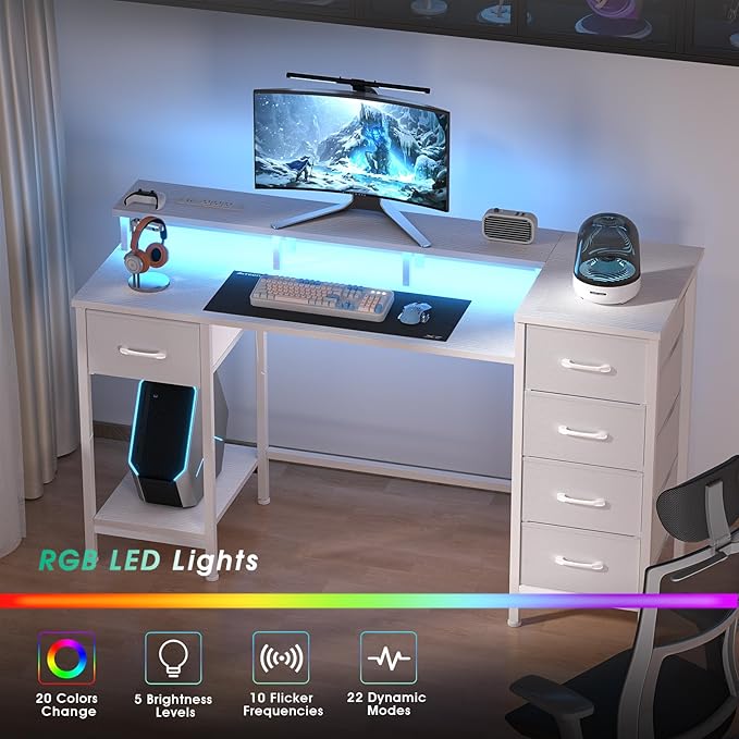55 Inch Gaming Desk with Power Outlets and LED Lights, Reversible Computer Desk with 5 Fabric Storage Drawers, Home Office Desk with Monitor Stand for Working Writing Study, White