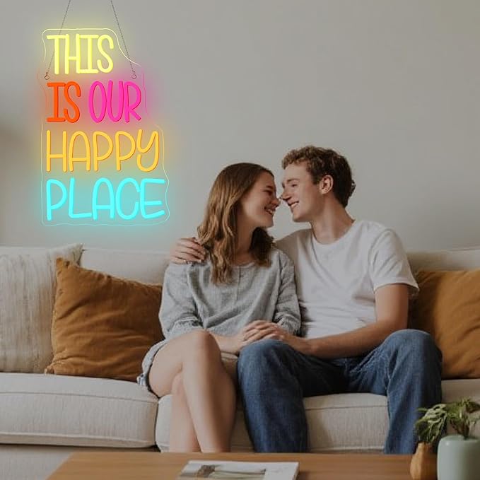 NOSUN This is Our Happy Place Neon Sign for Wall Decor Colorful Letter Neon Light Cheerful LED Neon Signs with USB for Gym Classroom Bedroom Children's Playground Bar