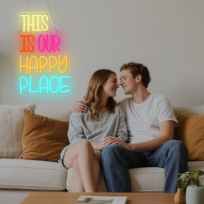 NOSUN This is Our Happy Place Neon Sign for Wall Decor Colorful Letter Neon Light Cheerful LED Neon Signs with USB for Gym Classroom Bedroom Children's Playground Bar