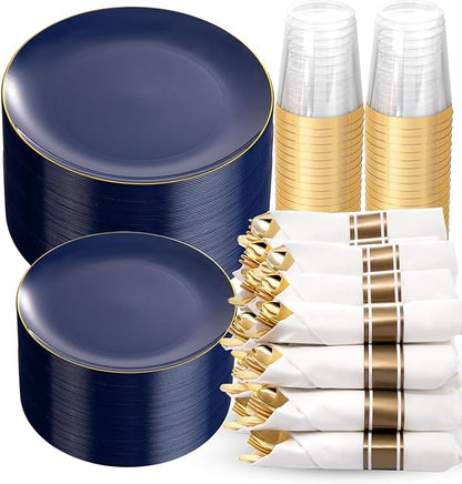 KIRE 350Pcs Blue and Gold Plates -Heavy Duty Navy Blue Dinnerware Set - 100 Plastic Plates 50 Pre Rolled Napkins with Gold Plastic Silverware 50 Cups for Upscale Hanukkah/Birthday/Wedding/Parties