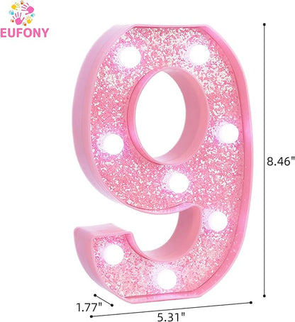 Pink LED Light Up Marquee Numbers, Glitter Lighted Numbers Signs Battery Operated for Girls 9th 19th Birthday Party Decorations, Pink Room Table Top Wall Decor, Number 9 with Cool White Lights