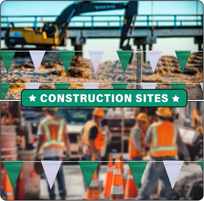 105ft Green and White Pennant Banner Flag, 7"x10" Fluorescent Safety Flagging Banner Warning Flag for Construction Site/Boundary Barrier Signs, Perimeter Marking Flags on String, 45 Flags
