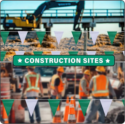 105ft Green and White Pennant Banner Flag, 7"x10" Fluorescent Safety Flagging Banner Warning Flag for Construction Site/Boundary Barrier Signs, Perimeter Marking Flags on String, 45 Flags