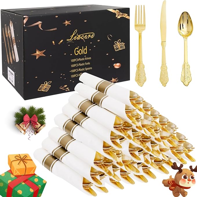 Liacere 400PCS Gold Plastic Silverware - Pre Rolled Napkins Disposable Gold Plastic Cutlery-Premium Quality Utensils-Includes 100Forks,100Knives,100Spoons,100 Napkins & Wedding & New Year