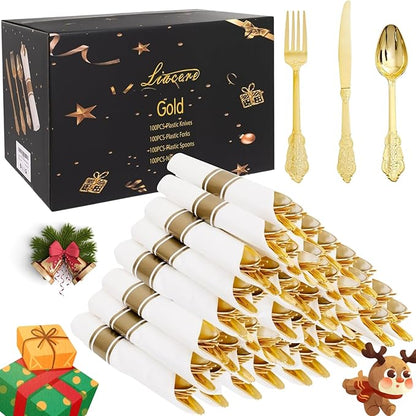 Liacere 400PCS Gold Plastic Silverware - Pre Rolled Napkins Disposable Gold Plastic Cutlery-Premium Quality Utensils-Includes 100Forks,100Knives,100Spoons,100 Napkins & Wedding & New Year