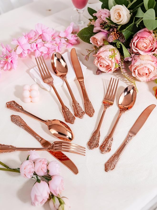 WDF 120-Piece Rose Gold Plastic Silverware - Heavy Duty Disposable Rose Gold Cutlery Set - Includes 40 Forks, 40 Spoons, 40 Knives for Wedding