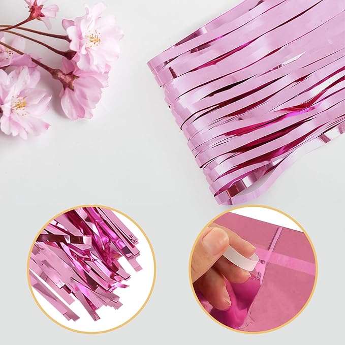10 Pack Pink Backdrop Curtain 3.2ft x 8.2ft Metallic Tinsel Foil Fringe Curtains Photo Booth Background for Birthday Party Decoration Baby Shower Engagement Wedding Christmas Decoration (Pink)