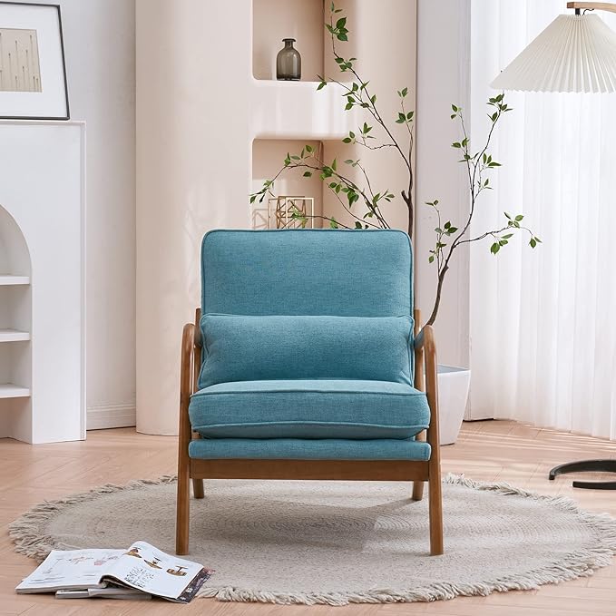 Bonnlo LinenTeal Mid Century Modern Accent Chair, Soild Wood Padding Lounge Armchairs Side Sitting Chairs for Living Room, Bedroom, Guest Room