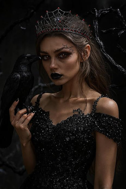 Gothic Black Spider Web Crown for Women Dark Queen Crystal Tiara Metal Headpiece Vampire Cosplay Masquerade Party Prom Night Witch Sorceress Costume Accessory