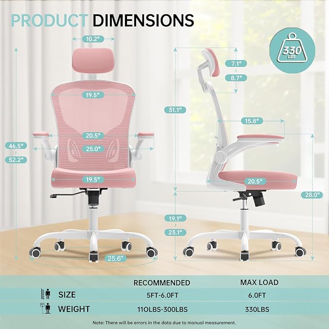 Synorla Office Chair Ergonomic Desk Chair, 330LBS Capacity, High Back Computer Design for Long Hours Comfort, Rolling Swivel Executive Task for Home Office with Flip-up Armrests（White Pink）