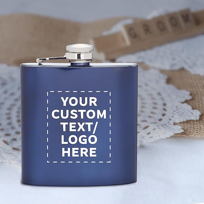 Custom Murano Stainless Steel Hip Flasks 6 oz. Set of 10, Personalized Bulk Pack - Screw on Cap, Great for Wedding Party Gifts, Groomsmen Gifts, Outdoor Activities - Blue