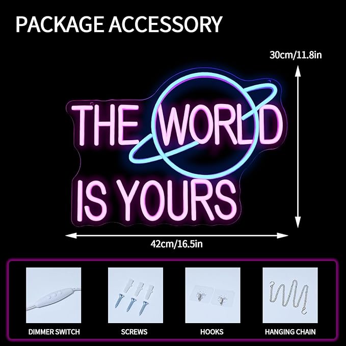 The World is Yours Neon Sign for Wall Decor Dimmable Pink Led Lights Signs for Bedroom Letters Neon Light for Office Game Room Man Cave Graduation Party Wedding Decor Birthday Gift for Girl