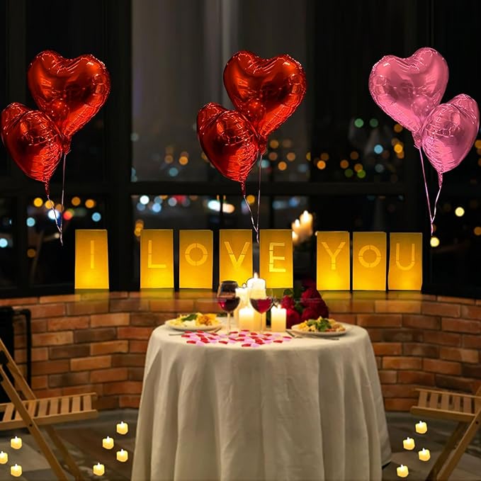 I Love You Lighted Letters Sign 8pcs Luminary Paper Bags 2000pcs Red Pink Artificial Rose Petals 48pcs Flameless LED Candle Tealight 10pcs Heart Balloons Romantic Night Valentine's Day Decorations