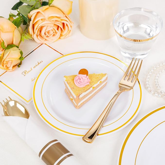 WELLIFE 700 Pcs Gold Plastic Plates for 100 Guests - Disposable Dinnerware Set,Christmas Party Supplies Includes 200 Gold Plates,300 Plastic Silverware,100 Napkins,100 Cups for Party and Christmas
