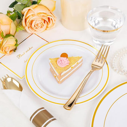 WELLIFE 700 Pcs Gold Plastic Plates for 100 Guests - Disposable Dinnerware Set,Christmas Party Supplies Includes 200 Gold Plates,300 Plastic Silverware,100 Napkins,100 Cups for Party and Christmas