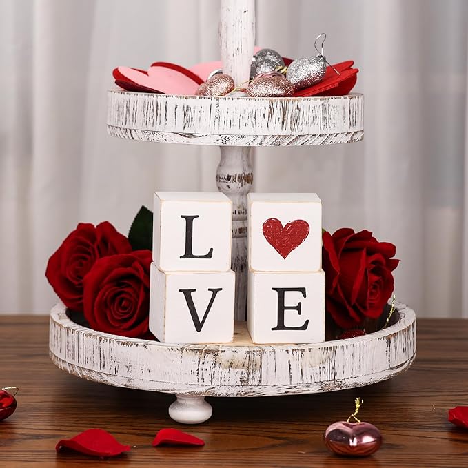 4pcs Reversible Valentines Day St. Patrick's Day Decorations Rustic Love Luck Wooden Blocks Tiered Tray Decor Love Sign Tabletop Centerpieces for Anniversary Home Mantle Shelf Party Supplies