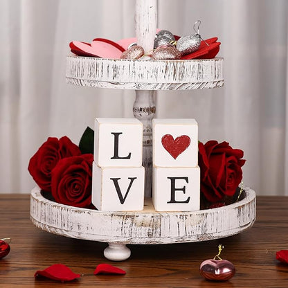 4pcs Reversible Valentines Day St. Patrick's Day Decorations Rustic Love Luck Wooden Blocks Tiered Tray Decor Love Sign Tabletop Centerpieces for Anniversary Home Mantle Shelf Party Supplies