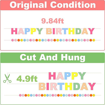 2 PCS Pre-Strung 3D Felt Happy Birthday Banner - Reusable Macaron Happy Birthday Decorations Sign, Felt Ball Garland, Pom Pom Garland, Party Decor, Photo Prop