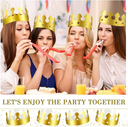 Crtiin 100 Pcs Gold Paper Crowns Birthday Party Bulk for Adults Classroom Students Hat Supplies Favors (Simple Style)