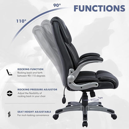 COLAMY High Back Executive Office Chair - Padded Leather Ergonomic Computer Desk Chair with Inflatable Lumbar Support & Flip-Up Arms, Adjustable Tilt Lock Swivel Task Chair for Home Office, Black
