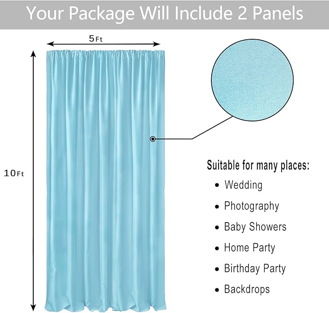 Hiasan Baby Blue Backdrop Curtains for Parties, Polyester Photography Backdrop Drapes for Family Gatherings, Wedding Decorations, 5ftx10ft, Set of 2 Panels