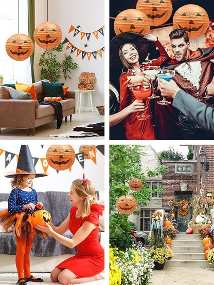 Mudra Crafts Hanging Pumpkin Lanterns Outdoor Indoor Jack-o’-Lantern Halloween Decorations, 12-Inch Orange Spooky Paper Lantern Lamps for Halloween Party Decor, Set of 10