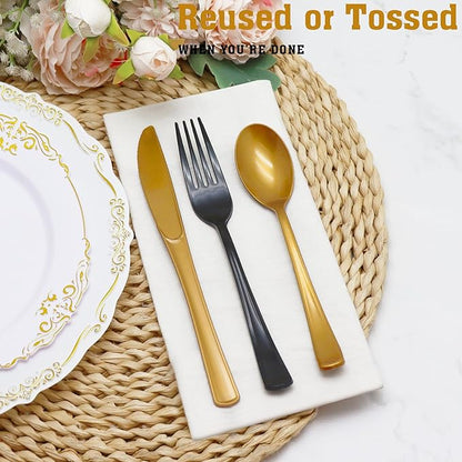 150 Pieces Black and Gold Plastic Silverware Heavy Duty 75 Black Plastic Utensils and 75 Gold Cutlery Tableware Sets Includes Spoons Forks Knives for Birthday Party, 2026 New Year