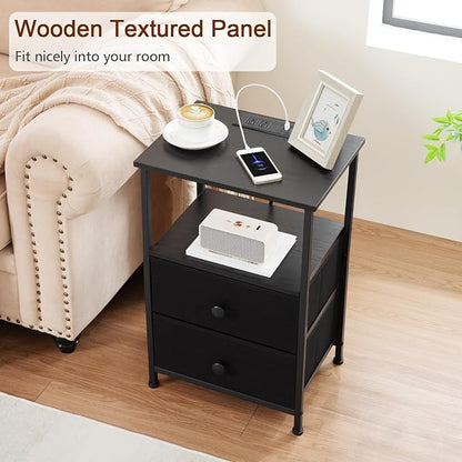 Night Stand Set 2, Black Nightstand with Charging Station, End Tables with Storage Shelf for Small Spaces, Bedside Table Side Tables with 2 Fabric Drawers for Bedroom, HETS020BK