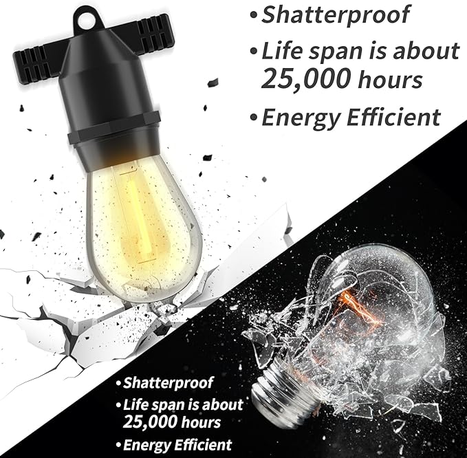 54FT LED Outdoor String Lights, IP65 Waterproof, S14 Shatterproof 27FT*2 Pack Outdoor String Lights (Maximum 918FT) Edison Vintage Bulbs Patio, Balcony, Deck, Garden Lights