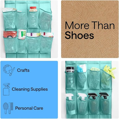 GORILLA GRIP Over the Door Shoe Organizer, 24 Large Breathable Mesh Pockets, Space Saving Hanging Storage Holder, Closet Rack Hanger Holds Up to 40 lbs, Hangs on Closets, Shoes, Accessories, Turquoise