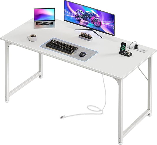 PRAISUN 47 X 20 Inch Office Computer Desk with Power Outlets and USB-C Port, Larger Gaming Desk, for Home Office, Study, Bedroom, Writing Work from Home Table, Metal Frame, White
