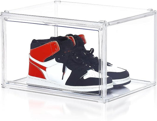 Acrylic Shoe Storage Boxes with Magnetic Door - 360° Clear Stackable Shoe Display Box Set, Plastic Shoe Cabinet Rack Box for Sneakers Heels Shoes (1, Clear, XL - Side Open)