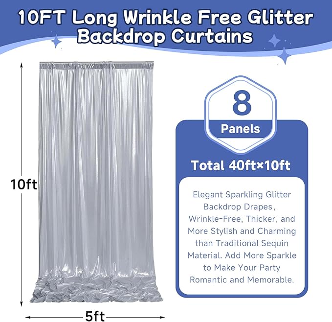 leegleri 40x10ft Thick Silver Glitter Backdrop Curtain Panels for Parties, Wrinkle Free Sequin Sparking Photo Backdrop Drapes, 8 Panels 5x10ft Shimmer Back Drop Cloth for Wedding Birthday Photography