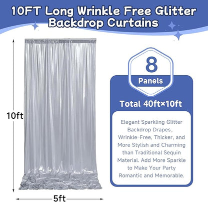 leegleri 40x10ft Thick Silver Glitter Backdrop Curtain Panels for Parties, Wrinkle Free Sequin Sparking Photo Backdrop Drapes, 8 Panels 5x10ft Shimmer Back Drop Cloth for Wedding Birthday Photography