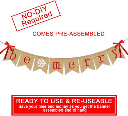 Be Merry Burlap Banner | Christmas Banner with Snowflake Sign | Christmas Decoration | Rustic Christmas Decor for Mantle Fireplace Xmas Party Holiday Supplies Decoration | Outdoor Indoor Hanging Decor