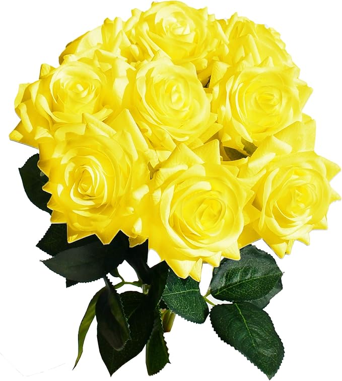 Mandy's Artificial Yellow Rose 10 Stems Silk Flowers with Bendable Plastic Stems for Wedding Centerpieces Home Decor Gifts 13.5 Inch