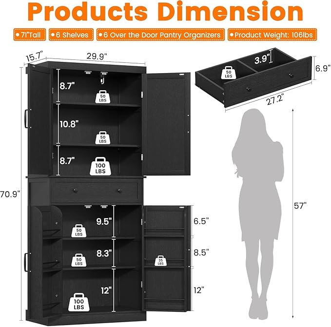 72" Tall Kitchen Pantry Cabinet, Black Pantry Storage Cabinet with Adjustable Shelves, Barn Doors and Drawer, Farmhouse Cupboard for Kitchen, Dining Room, Bathroom (16" D x 30" W x 72" H)