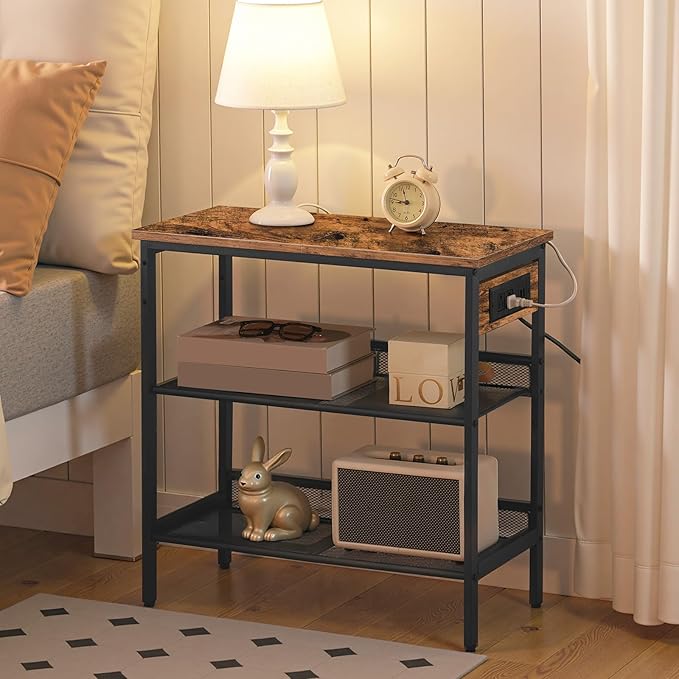 HOOBRO End Table, 3-Tier Narrow Side Table with Charging Station, Nightstand with 2 Flat or Slant Adjustable Shelves for Small Spaces, Living Room, Bedroom, Rustic Brown and Black BF23UBZ01G1