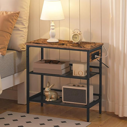 HOOBRO End Table, 3-Tier Narrow Side Table with Charging Station, Nightstand with 2 Flat or Slant Adjustable Shelves for Small Spaces, Living Room, Bedroom, Rustic Brown and Black BF23UBZ01G1