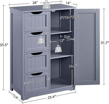 Yaheetech Large Bathroom Storage Cabinet, Freestanding Floor Cabinet with 4 Dawers and 1 Door, Adjustable Shelf, Bathroom Storage Organizer with 3 Shelves, for Living Room Kitchen Hallway, Gray