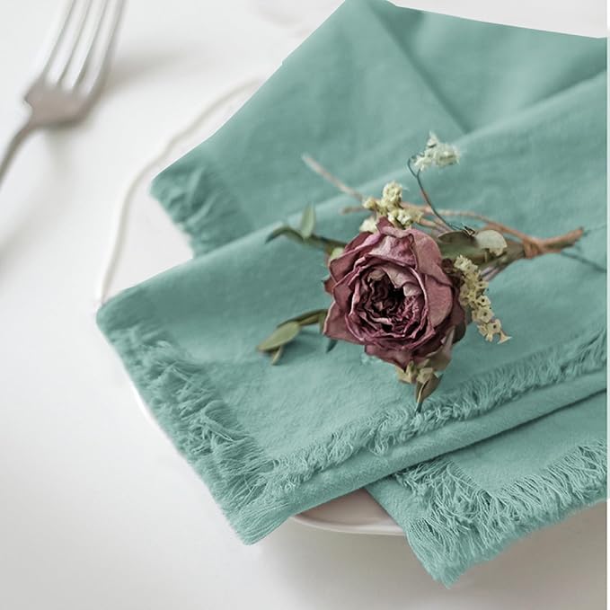 Handmade Cloth Napkins 100% Cotton Napkins with Fringe，Delicate Handmade Cloth Napkins for Dinners, Parties, Weddings and More，18 x 18 Inch Set of 6 - Turquoise