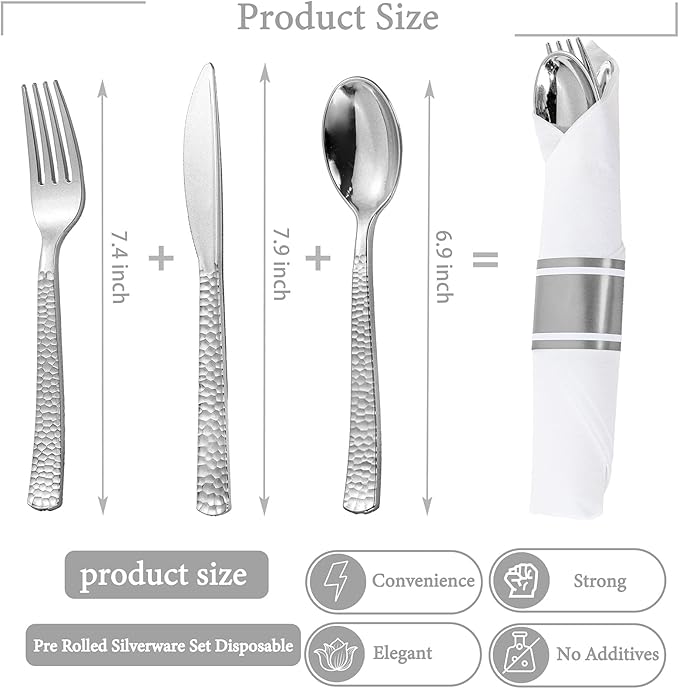 WELLIFE 50 Pack Silver Plastic Silverware with Pre Rolled Napkins,Wrapped Silverware Set Disposable,Includes:50 Forks, 50 Knives, 50 Spoons, 50 Napkins,Utensils Plastic Disposable for Christmas