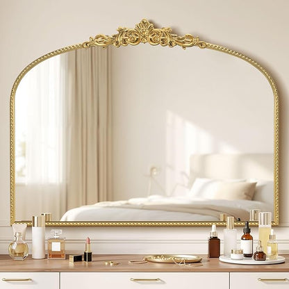 Gold Vintage Vanity Mirror 32x24 Inch, Shell Crown Ornate Beaded Frame Vanity Mirror, Antique Decorative Horizontal Mirror for Bathroom, Bedroom, Entryway, Fireplace Wall