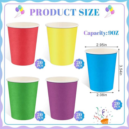 100 Pack Rainbow Paper Cups 9oz Colored Party Cup Disposable Paper Cups Bulk, Drinking Cup for Birthday Holiday Party Supplies, 5 Colors