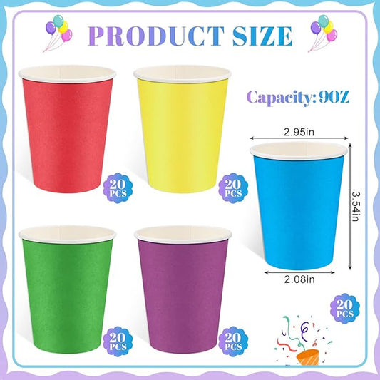 100 Pack Rainbow Paper Cups 9oz Colored Party Cup Disposable Paper Cups Bulk, Drinking Cup for Birthday Holiday Party Supplies, 5 Colors