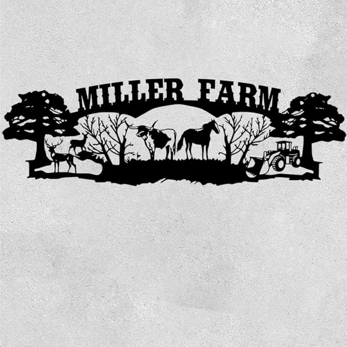 Personalized Farm Metal Sign, Custom Ranch Name Plaque with Cow, Horse, Deer and Tractor, Rustic Outdoor Barn Wall Art, Farmhouse Yard Décor, Gift for Farmers, Ranch Owners, Country Home