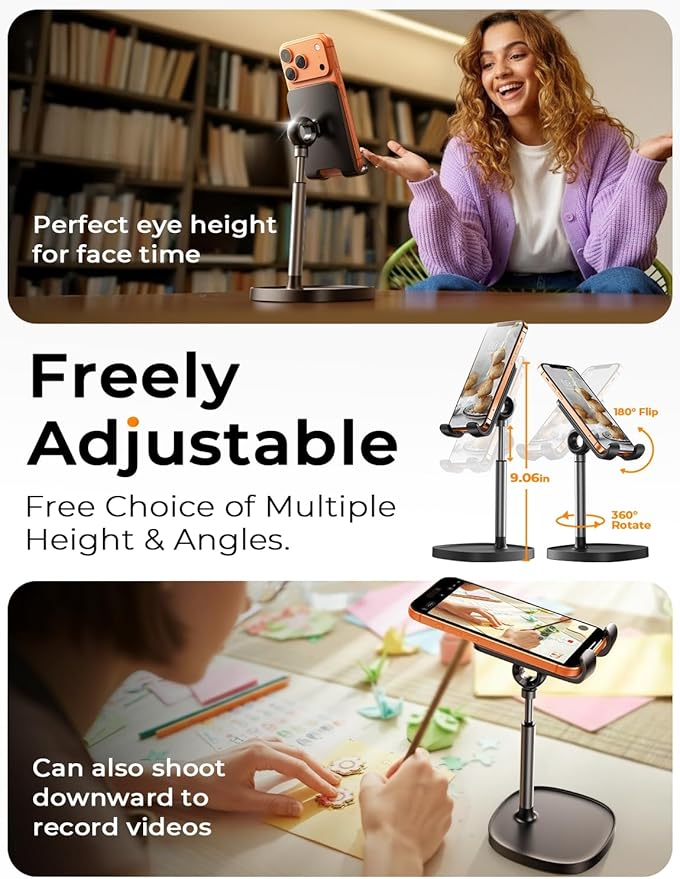 LISEN Cell Phone Stand Phone Holder for Desk Office Decor, Office Desk Accessories Gifts Women PC Gaming Essentials iPhone Stand Gadgets Men Fit OtterBox Case Switch iPad Air Tablet 4-10 in