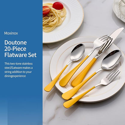 20-Piece yellow Silverware Set, 18/0 Stainless Steel yellow Handle Flatware Set, Service for 4, Modern Cutlery Set Includes Dinner Knives Forks Spoons, Mirror Polished, Dishwasher Safe